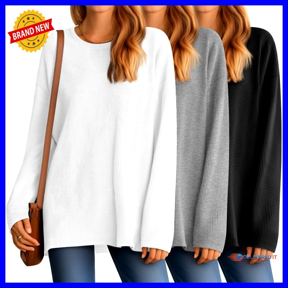 Waffle Knit Oversized Long Sleeve Crewneck Pullover Casual Fall Tees